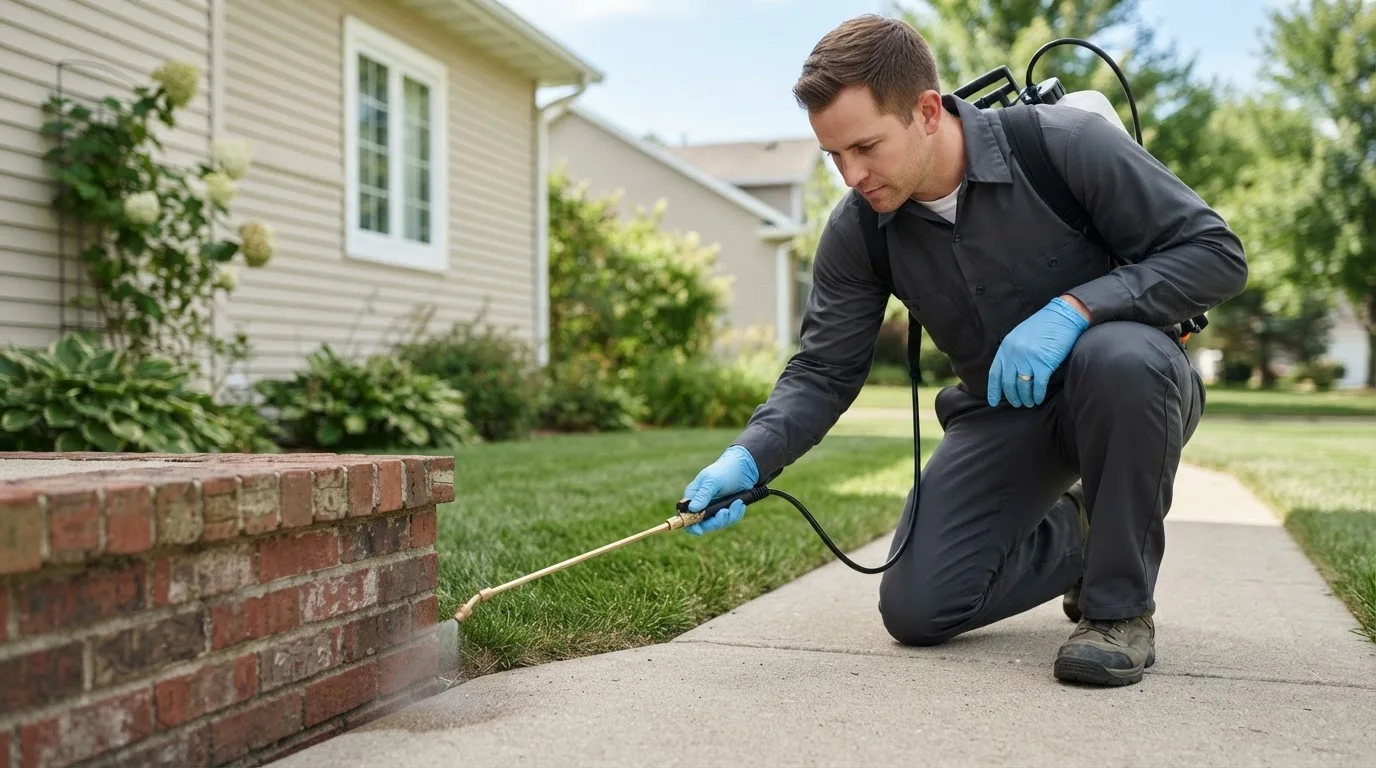 Pest control technician treating a home near Farmington Falls, ME